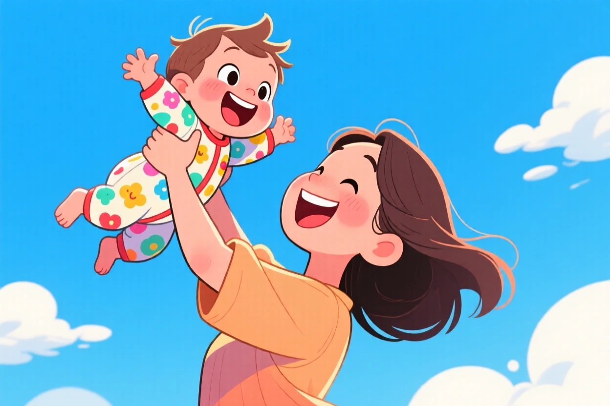 A heartwarming scene of a mother lifting her toddler high into the air, both faces bursting with laughter under a blue sky.