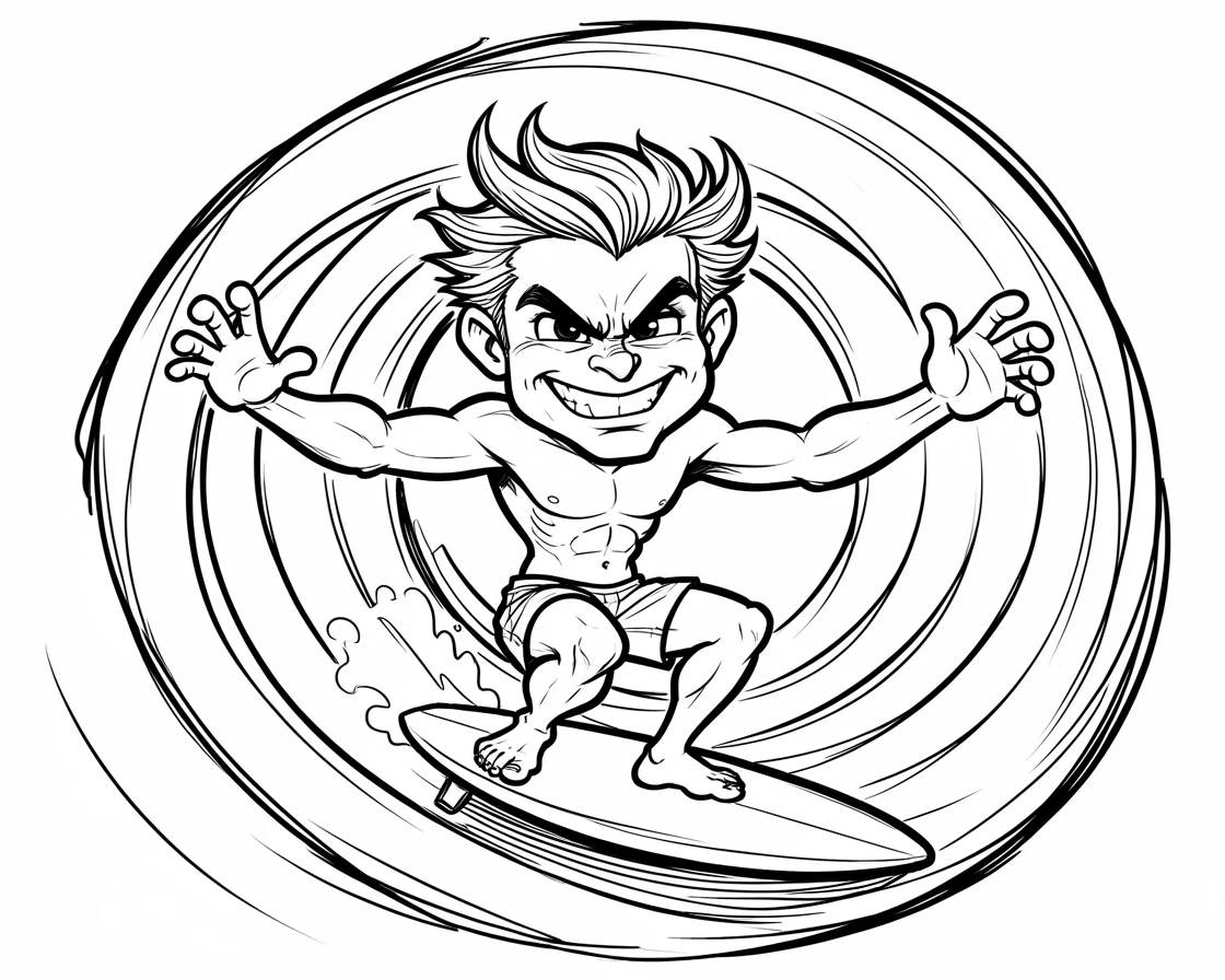 [People Portraits & Characters] Portrait of a determined surfer riding a giant wave with arms out for balance, full of personality and charm