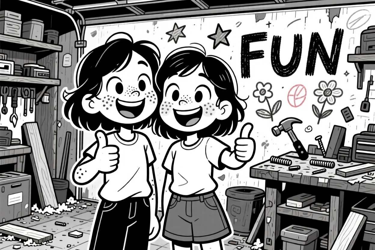 Two sisters with matching freckles, giving an exaggerated thumbs up, set in a garage workshop smelling of sawdust. Crayon scribbles decorate the nearby wall. The image captures the joyful mess of home life.