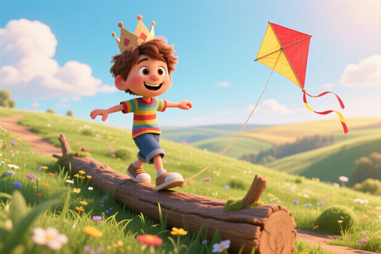 A boy balancing carefully along a fallen log takes place on a grassy hill perfect for kite flying, with a paper crown perched slightly crooked. The atmosphere feels fun, spirited, and full of laughter.