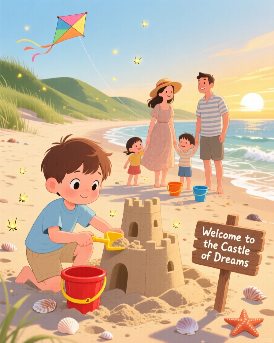 A shy young boy spends the afternoon building a sandcastle at the beach with their whole family, as fireflies begin to twinkle.