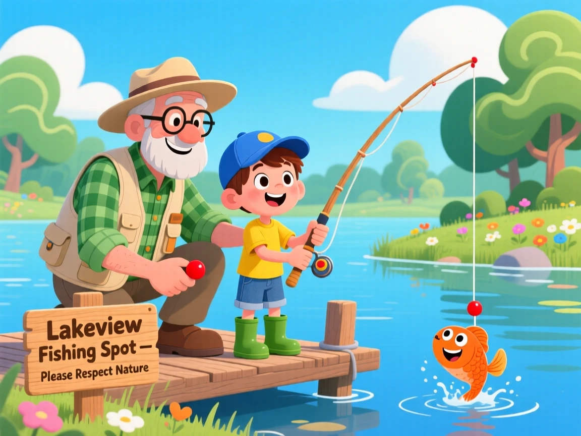A grandfather teaching his grandson to fish at a quiet lake.