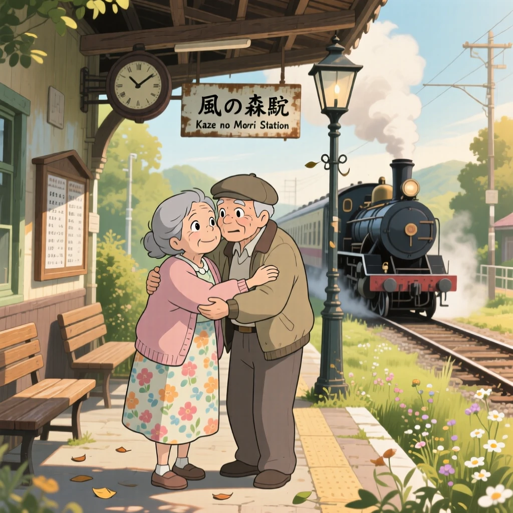 A tender moment of two old friends reuniting with an embrace at a train station, the scene quietly moving.