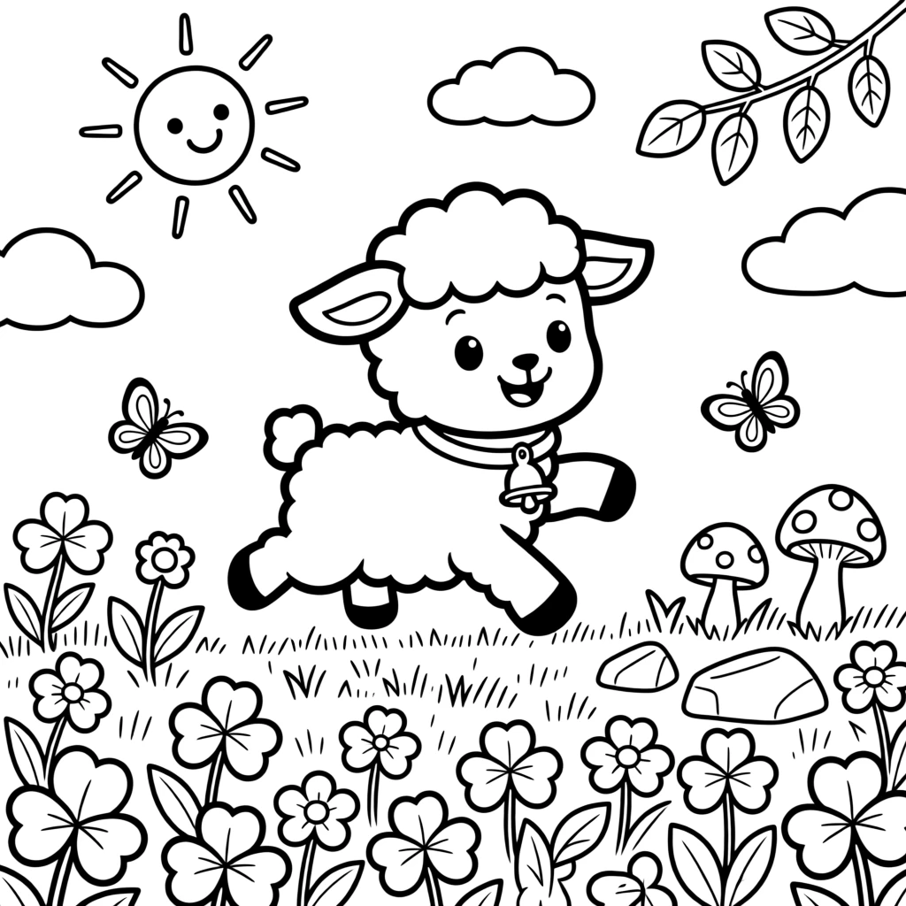 A baby lamb bouncing through a meadow of clover