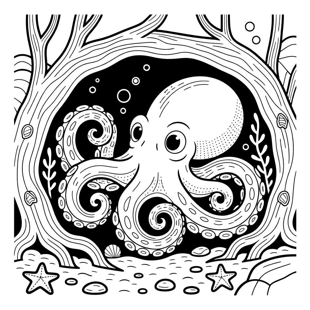A giant pacific octopus curled up in a den surrounded by roots, with intricate fur patterns and alert eyes.