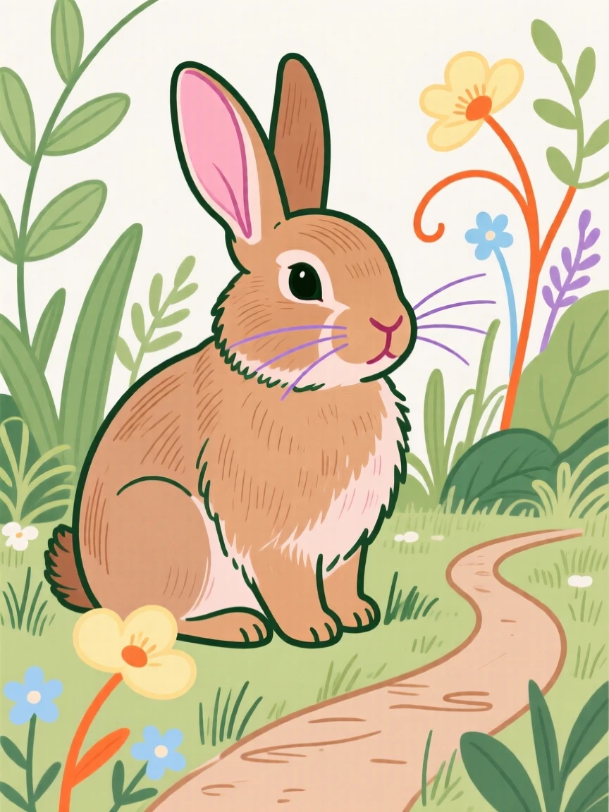 A lop-eared rabbit in a garden.