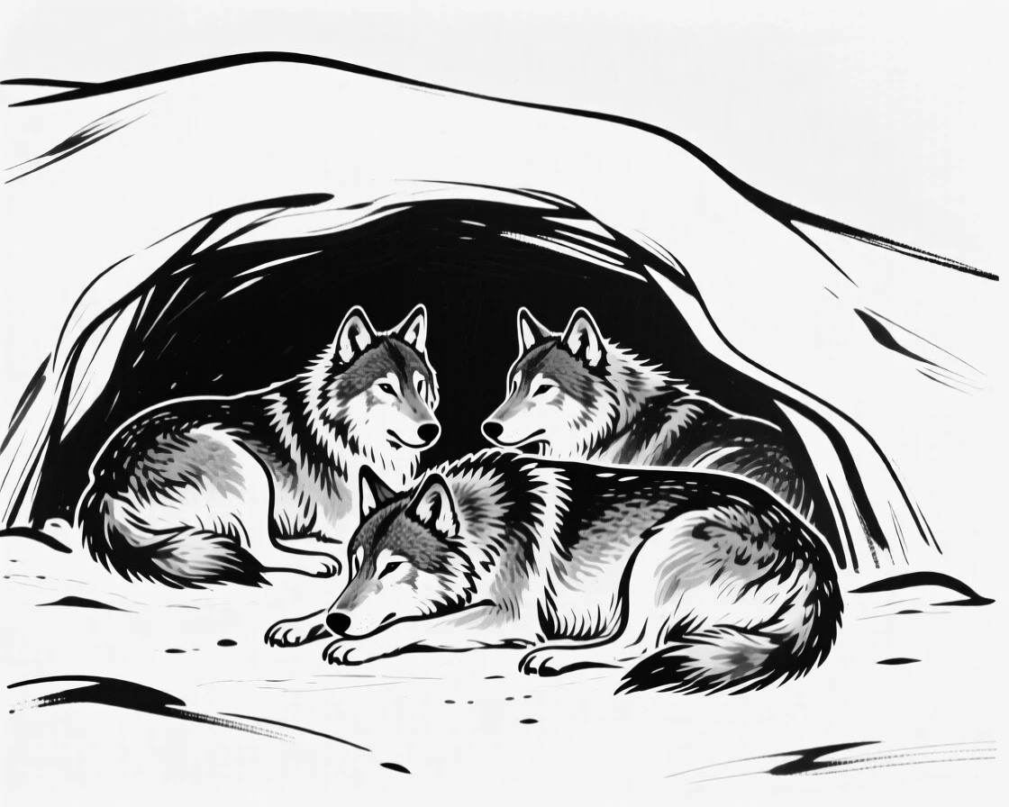 A pack of wild wolves resting in a den carved into a snowy hillside.