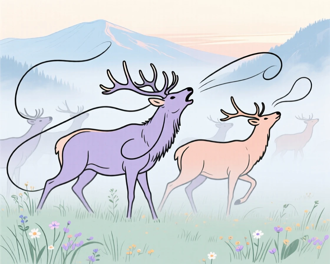 A herd of elk bugling in a misty mountain meadow at dawn.
