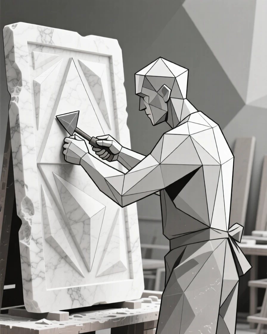 A stonemason carving a detailed relief into marble