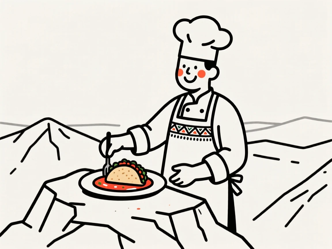 A chef of mexican heritage plating a dish, beaming with pride, on a mountaintop overlook.