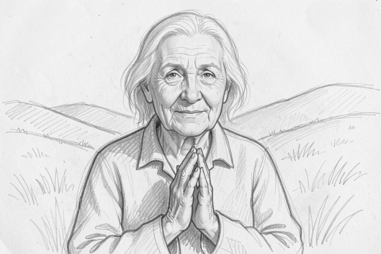 A tender portrait of a wise elderly grandmother, with hands folded in prayer, against a backdrop of rolling hills.