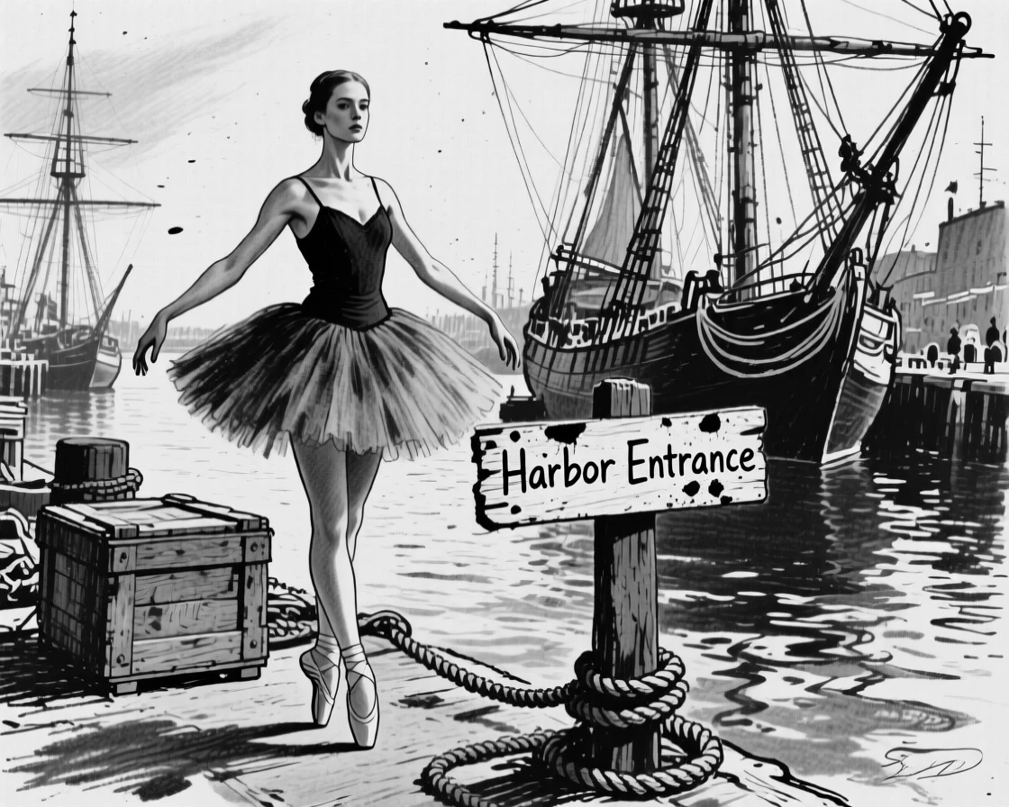 A ballet dancer looking directly at the viewer with quiet determination, at the edge of a bustling harbor.