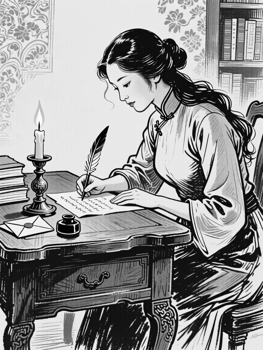 A woman writing a letter by candlelight at an antique wooden desk.