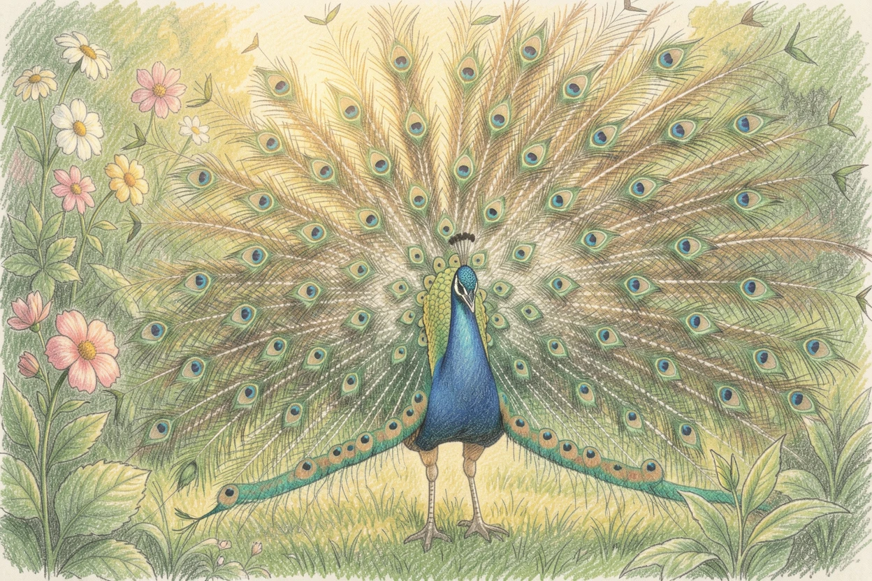 A peacock displaying its full tail in a lush garden, bathed in the warm glow of early morning or late afternoon light, radiating warmth, innocence, and gentle charm.