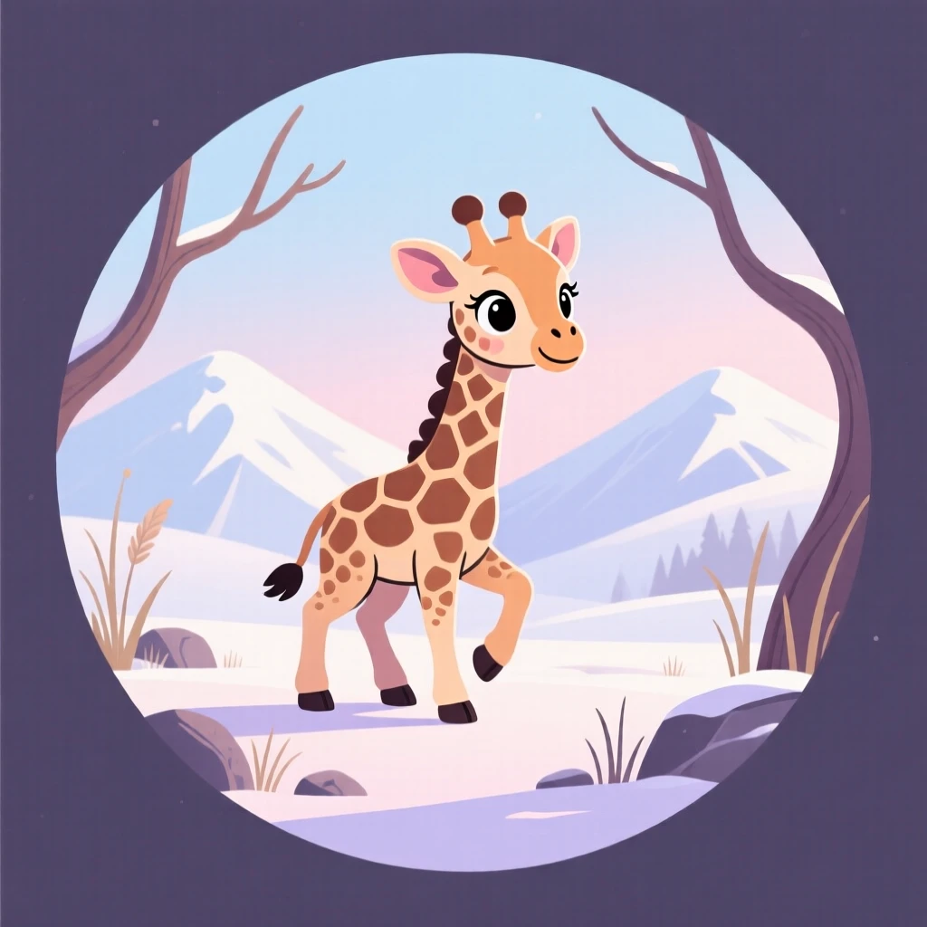 A baby giraffe standing on wobbly legs for the first time, framed by a snowy mountain landscape under a pale sky, placed within a circular vignette of natural framing, with a sense of playful curiosity captured perfectly.