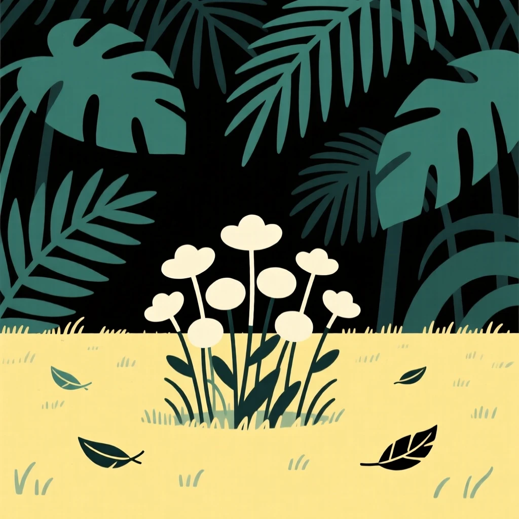 A field of wildflowers, silhouetted alone against a jungle canopy at midday, surrounded by a scattering of fallen leaves, full of gentle stillness.