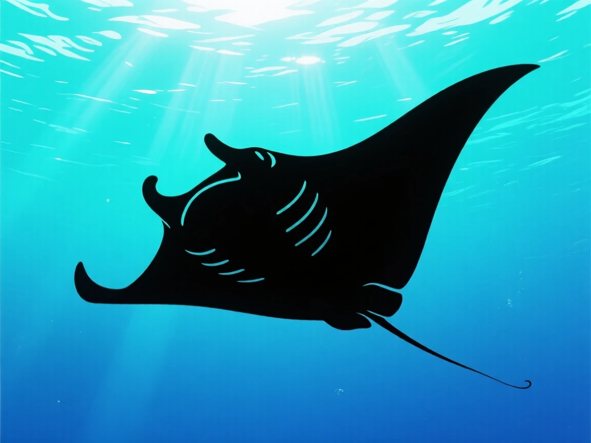 A manta ray gliding gracefully through open blue water, wingtips curling.