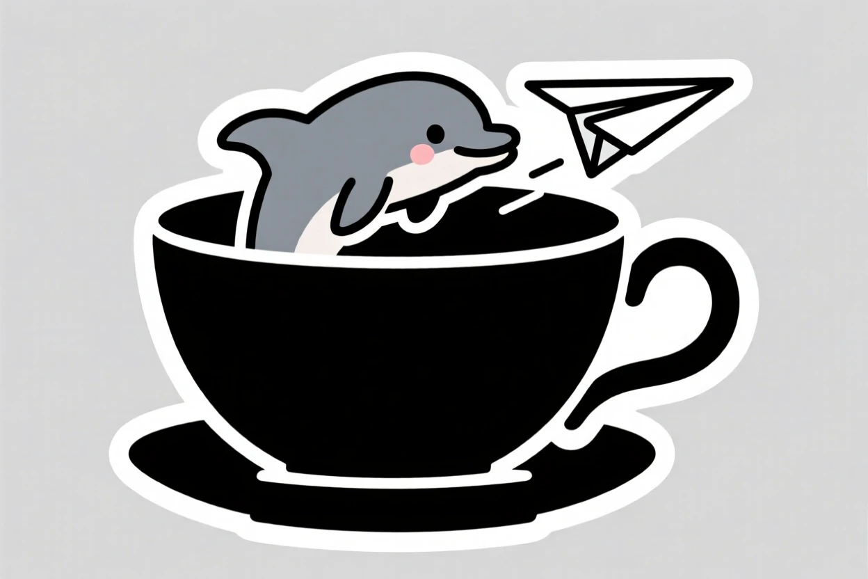A determined baby dolphin riding a tiny paper airplane, inside a giant teacup.