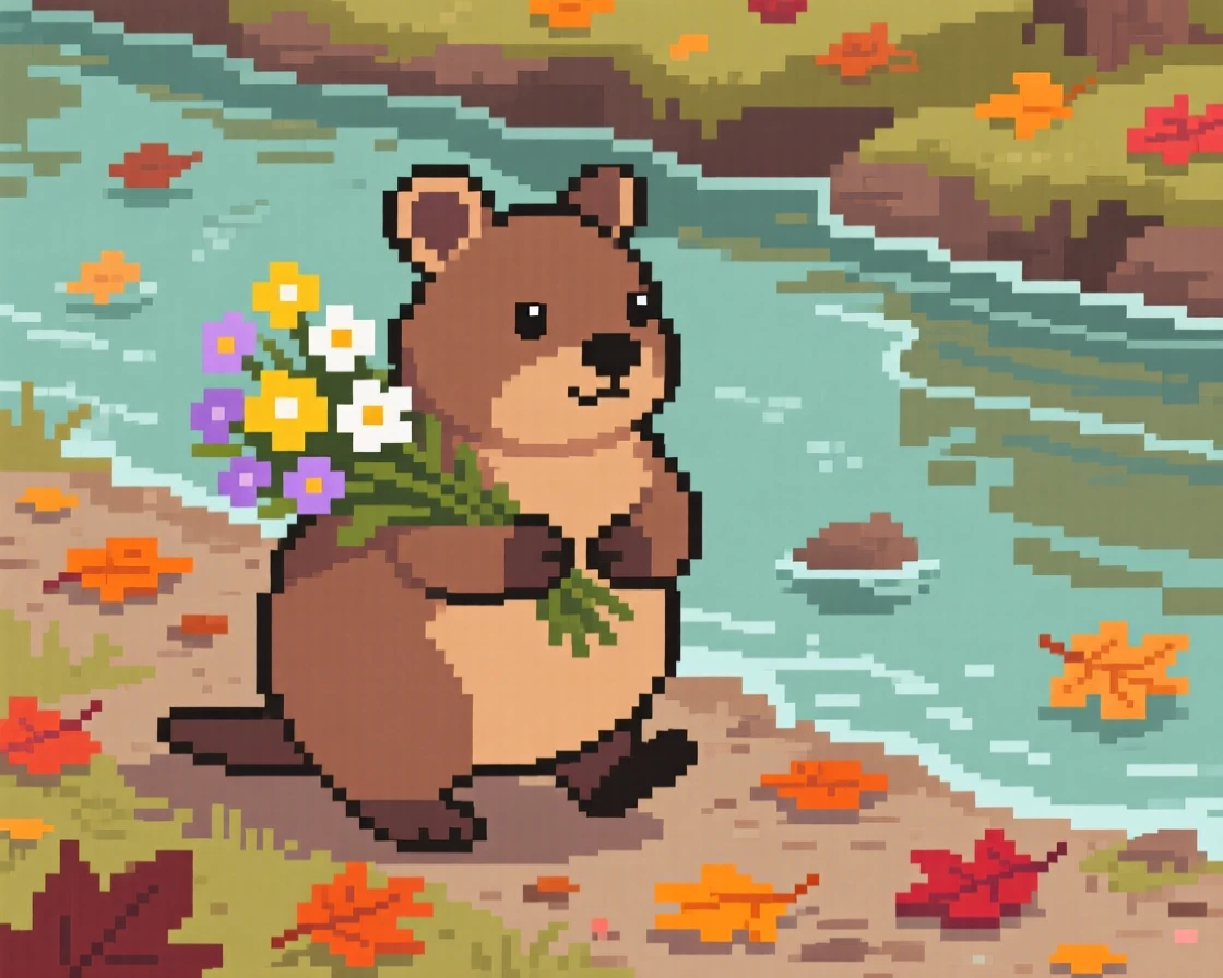 A plump quokka carrying a bundle of wildflowers home, on a riverbank scattered with fallen leaves.