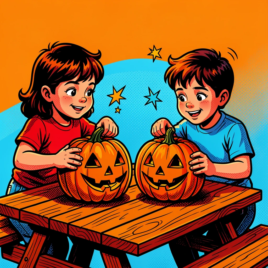 Children carving jack-o-lanterns at a wooden picnic table
