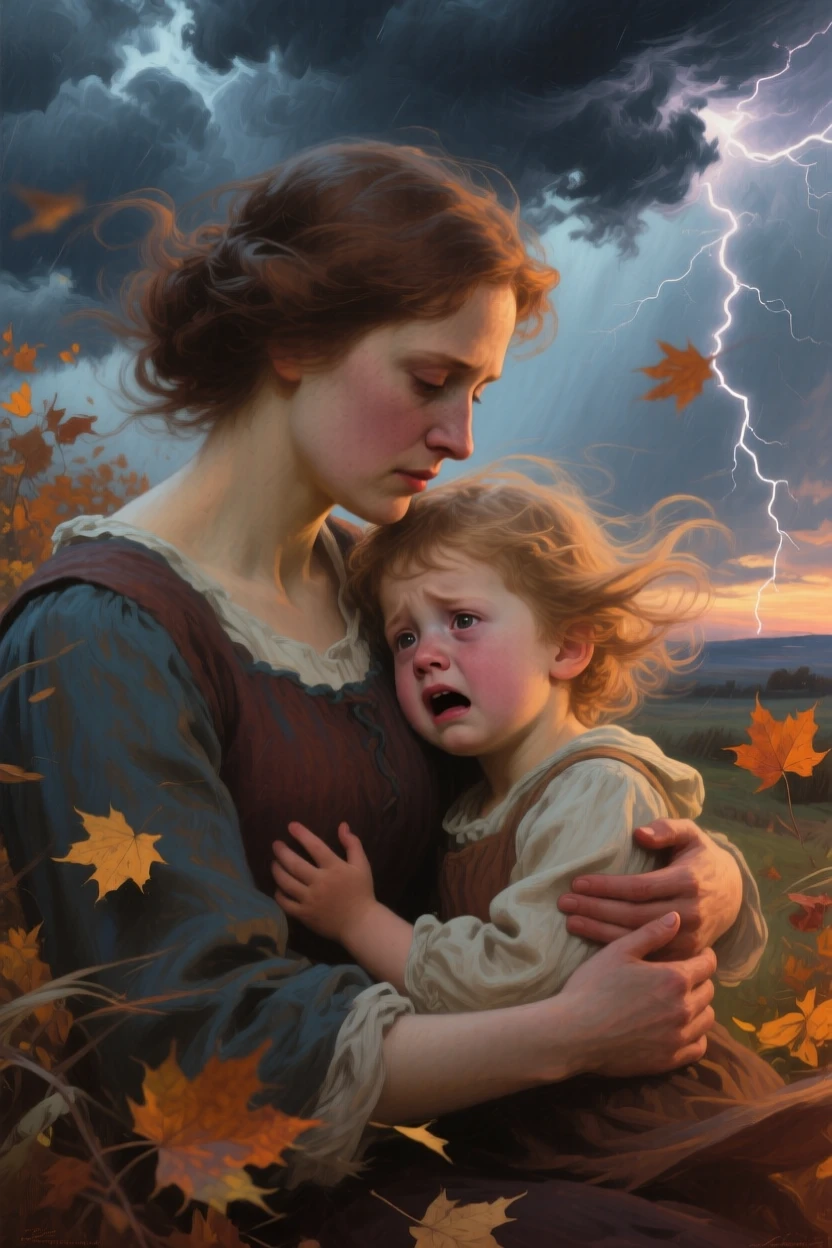 A close-up portrait of a mother comforting her frightened child during a thunderstorm, at dusk, amid swirling autumn wind.