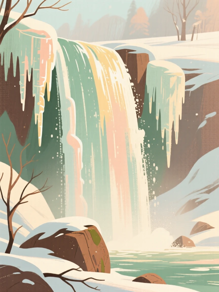 A frozen waterfall glittering with icicles in the winter sun