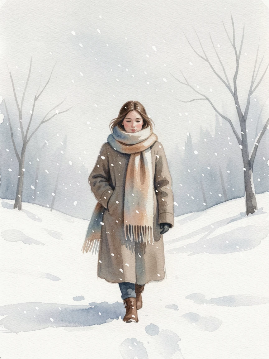 A woman wrapped in a warm scarf walking through falling snow.