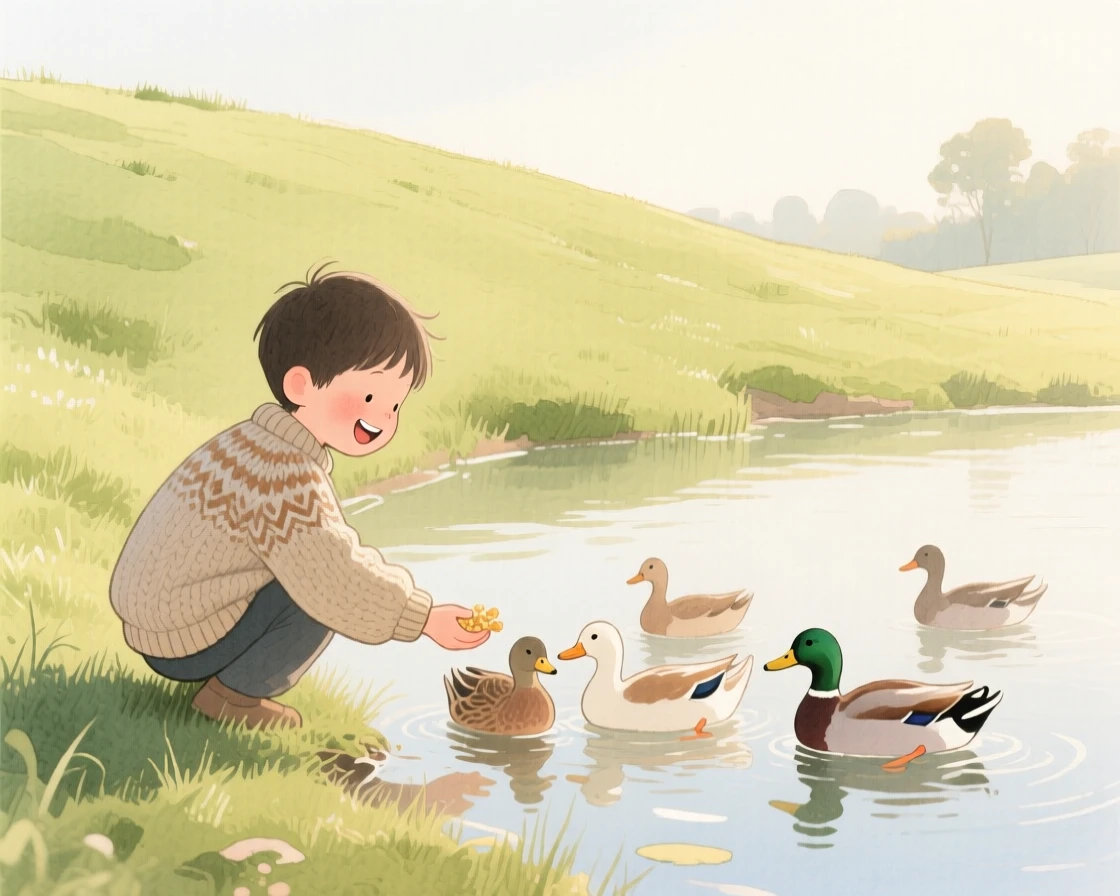 A boy in a knitted sweater feeds ducks at a quiet pond on a grassy hillside, laughter and joy filling the warm afternoon air