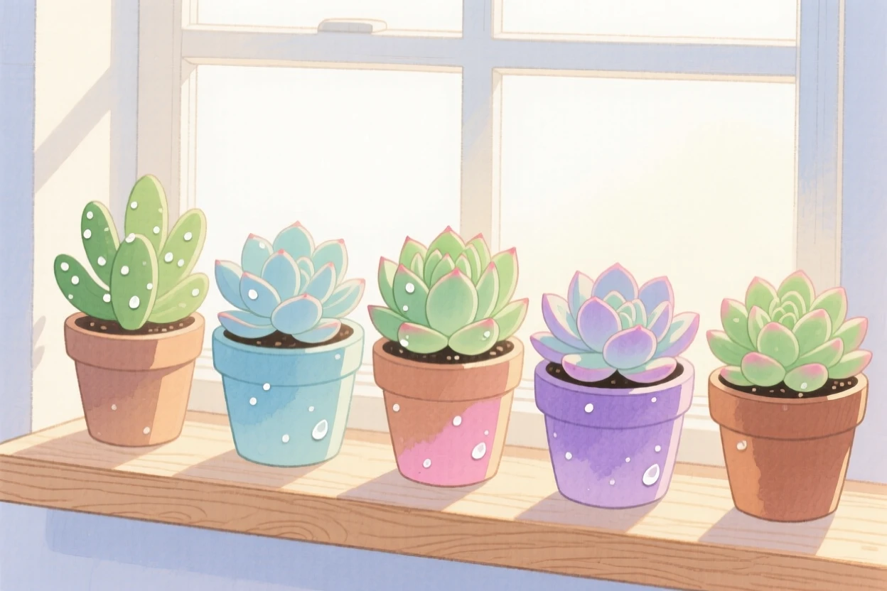 A windowsill of potted succulents glistening with morning dew.