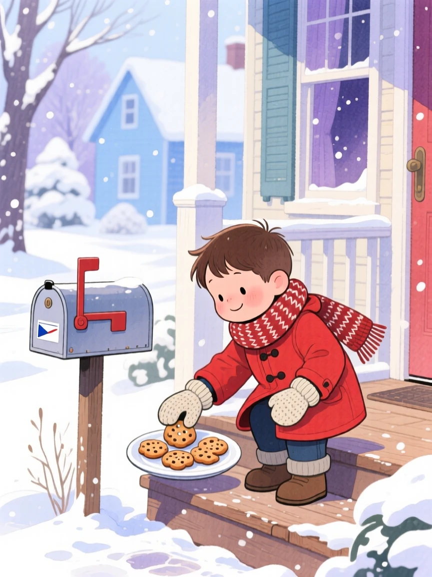 A little boy leaving cookies out for the mail carrier on a snowy day, set against a softly blurred, dreamy background, radiating kindness, hope, and heartfelt emotion.