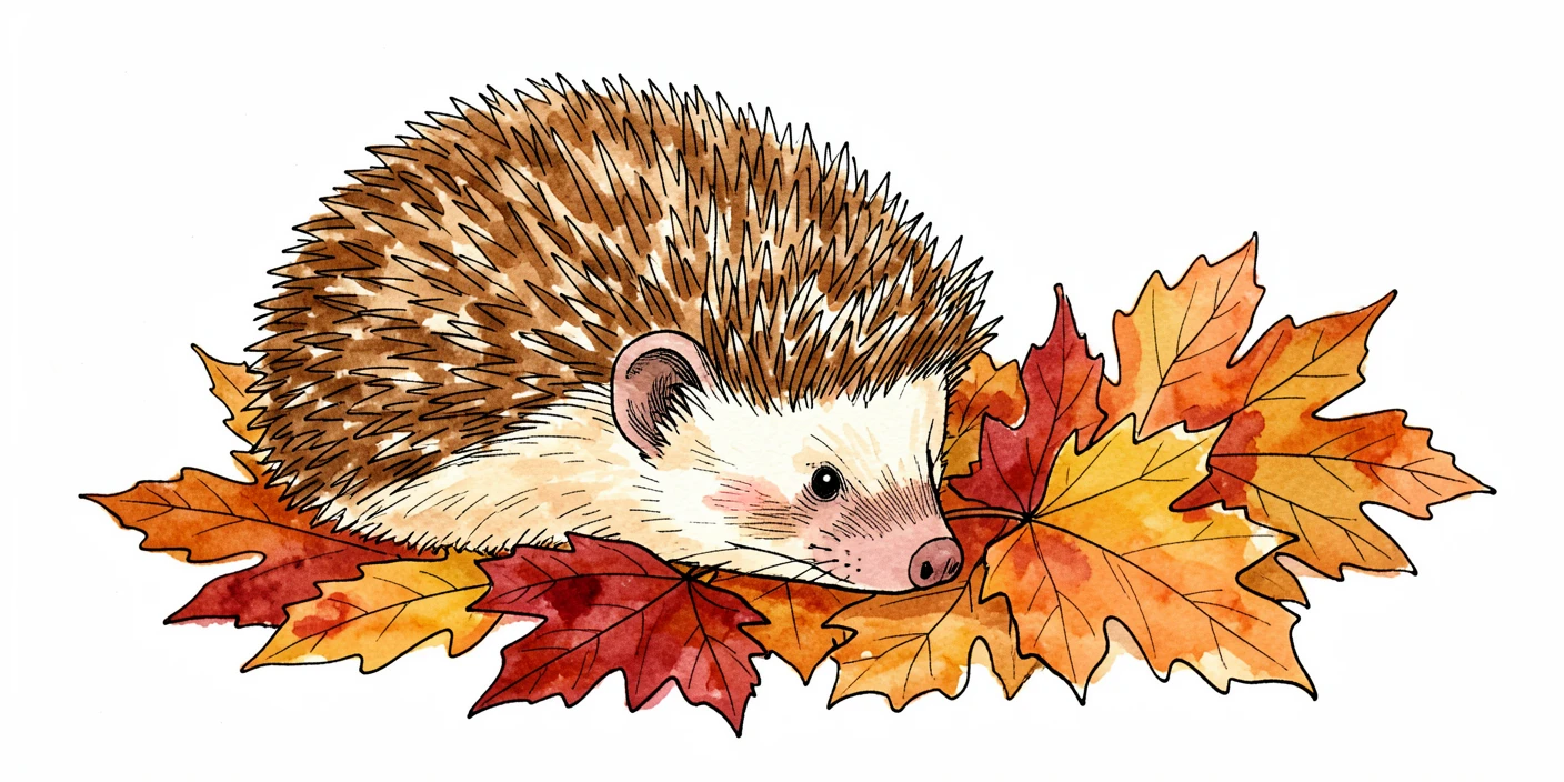 A hedgehog curled beside a pile of autumn leaves, tiny nose poking out from its spiny curl