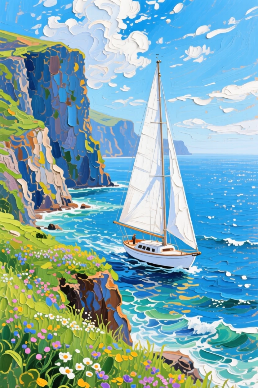 a sailboat gliding past sea cliffs, on a breezy spring afternoon, composed along a natural leading line.