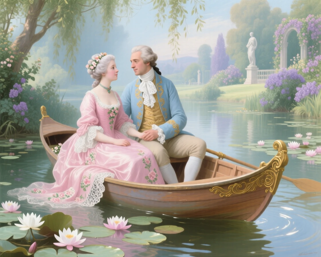 A lady and gentleman sharing a quiet boat ride among water lilies  