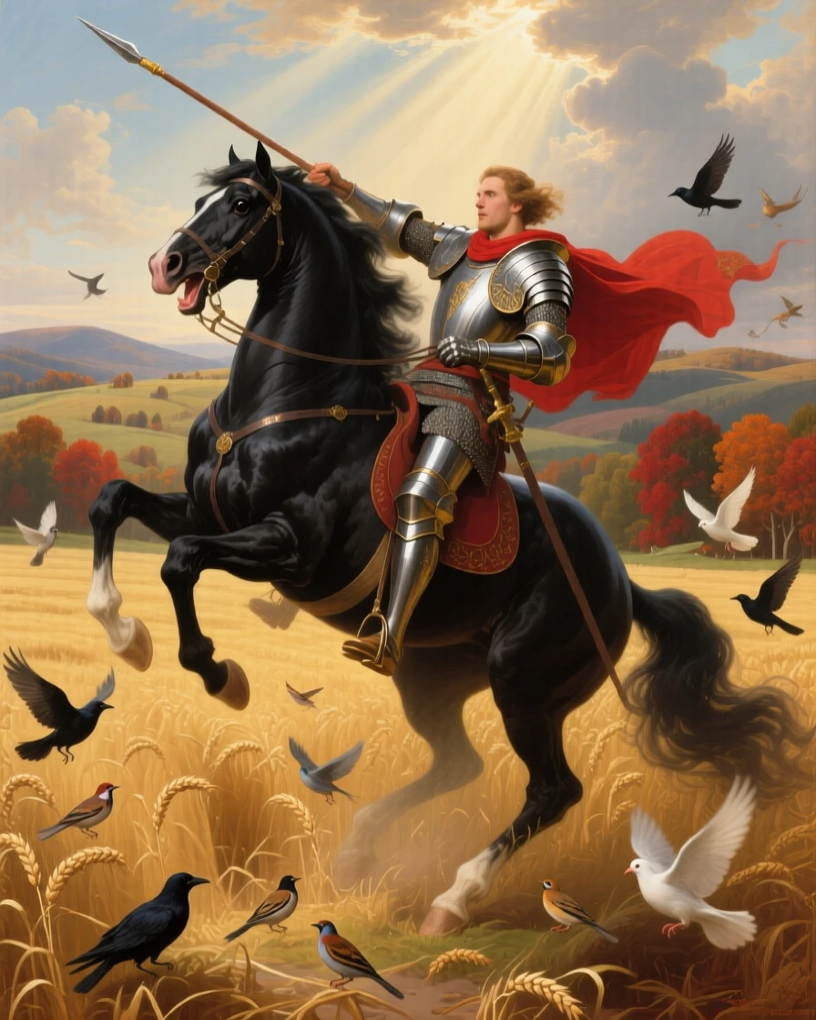 A knight's warhorse rears before a charge upon a golden field at harvest time while birds scatter before them.