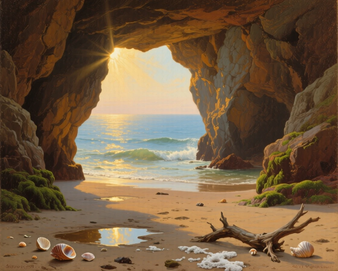 A coastal sea cave with sunlight streaming through a rock arch, as gentle waves of heat shimmer above the ground, designed to feel like a window into another world