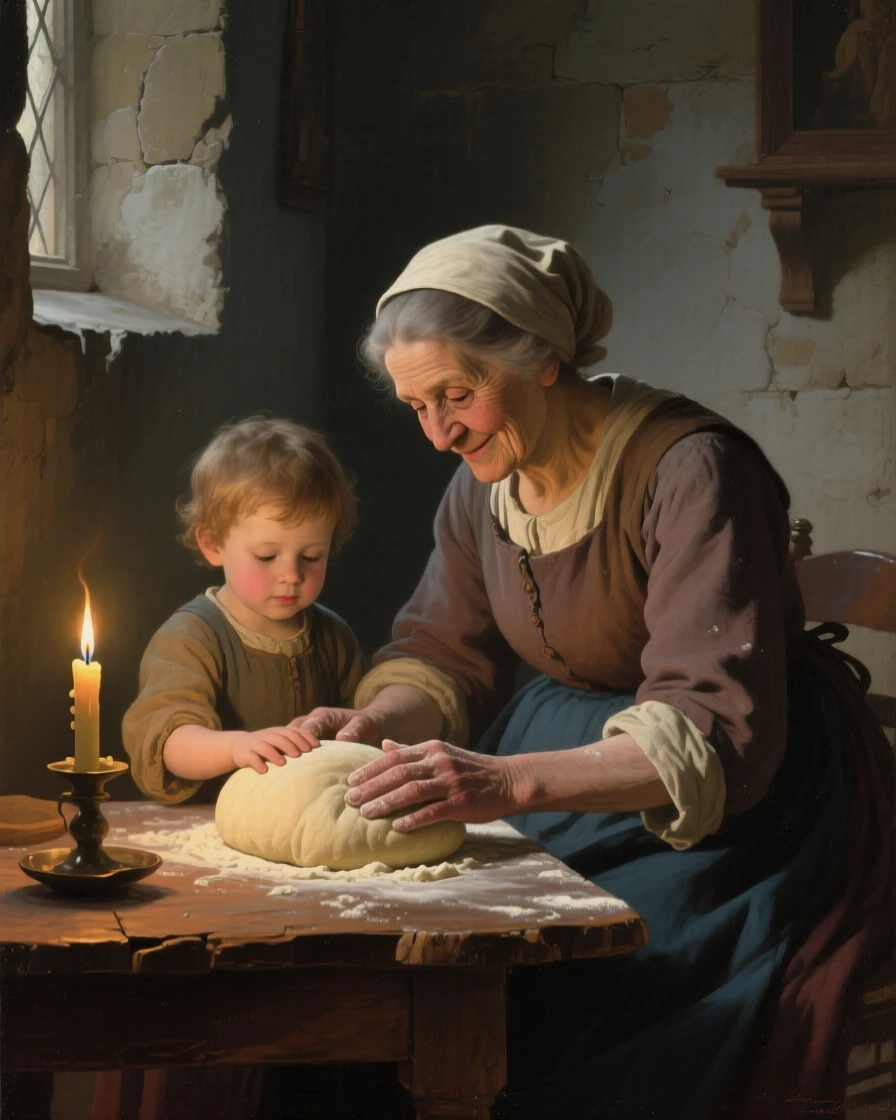 A grandmother teaching a child to knead bread dough lost entirely in private thought, set in a candlelit chapel side room, with a faint, knowing smile just touching the corner of the mouth; the pose is turned gently off-center for a natural, candid feel, radiating warmth, humility, and lived experience.