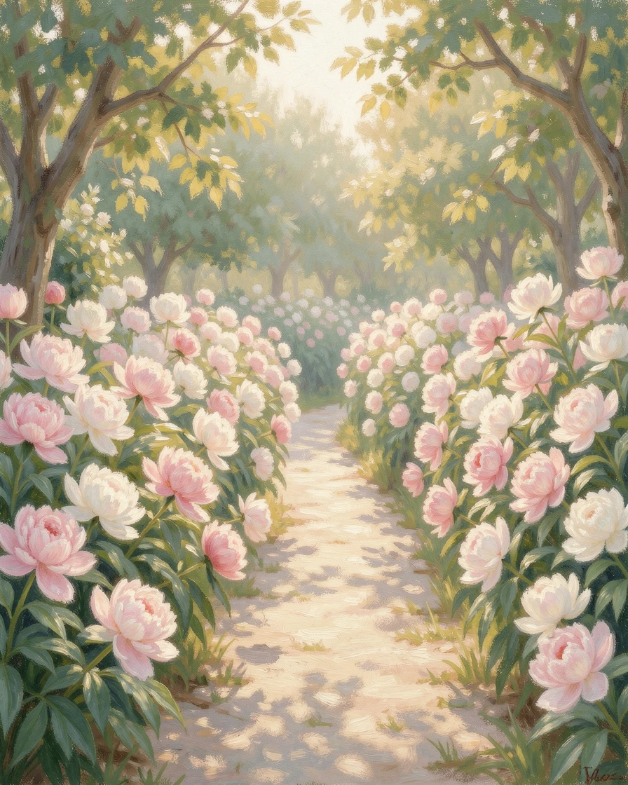 A garden path lined with blooming peonies in soft pastel pinks and whites.