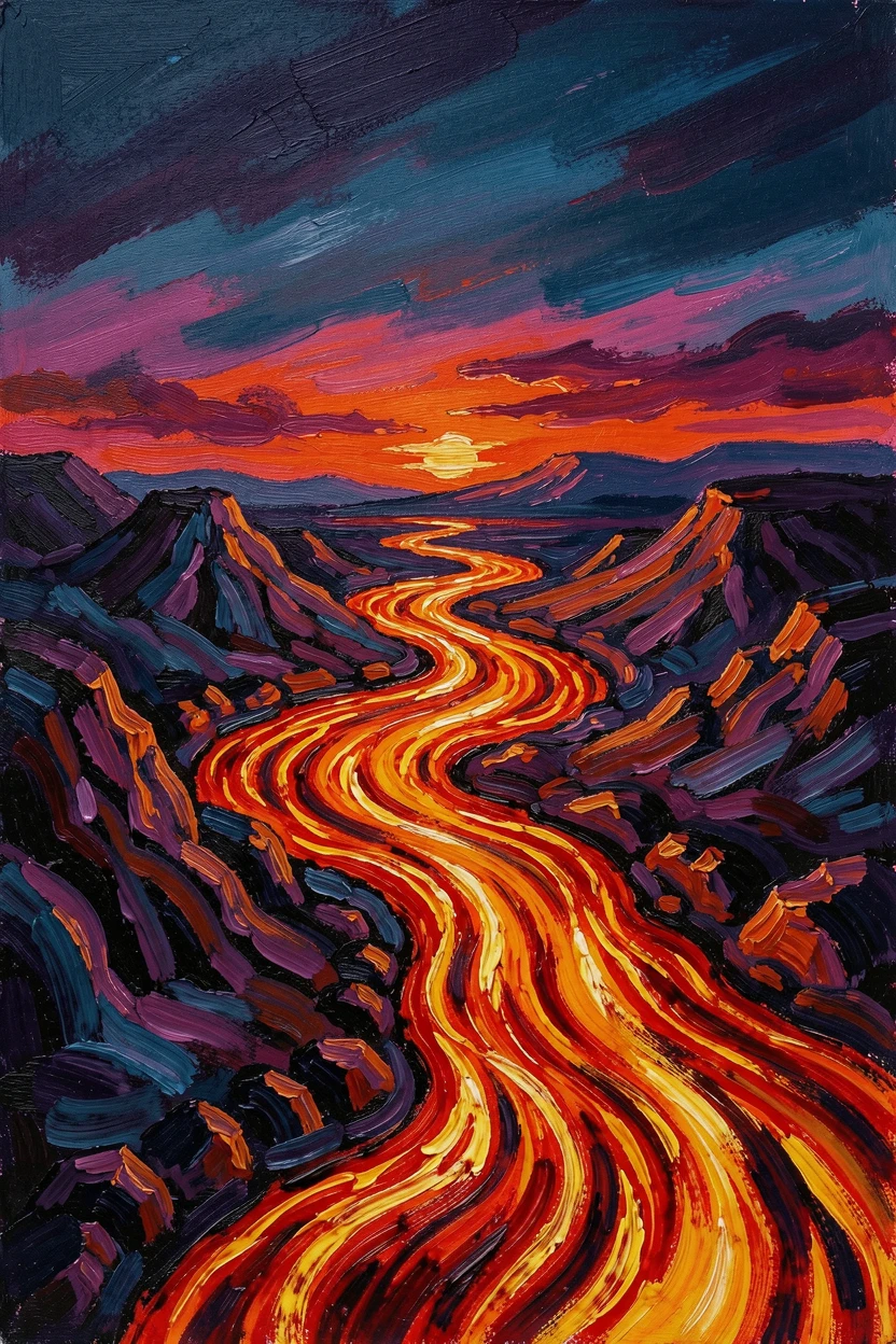A volcanic landscape at dusk, glowing lava rivers contrasting with the darkening sky.