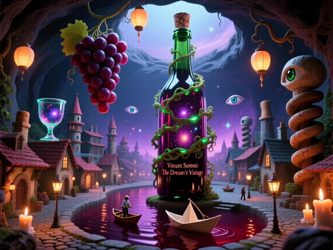 A sprawling village built inside the hollow of an old wine bottle seems impossibly vast for such a small container, while everything beyond its edges fades into soft shadow.