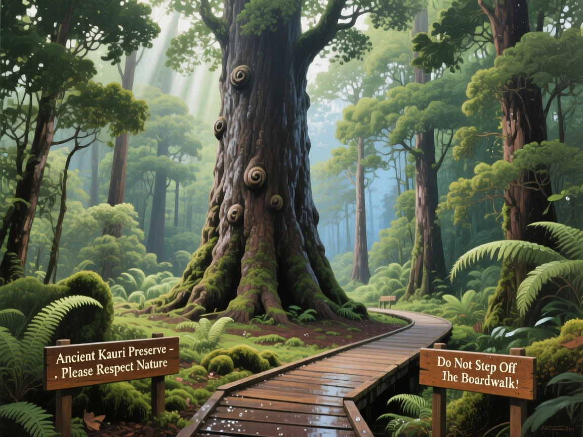 A towering forest of ancient kauri trees in New Zealand shows massive smooth trunks disappearing into a canopy far overhead, a wooden boardwalk winding respectfully around the largest specimen, as a light breeze stirs the surrounding vegetation and carries the scent of damp earth.
