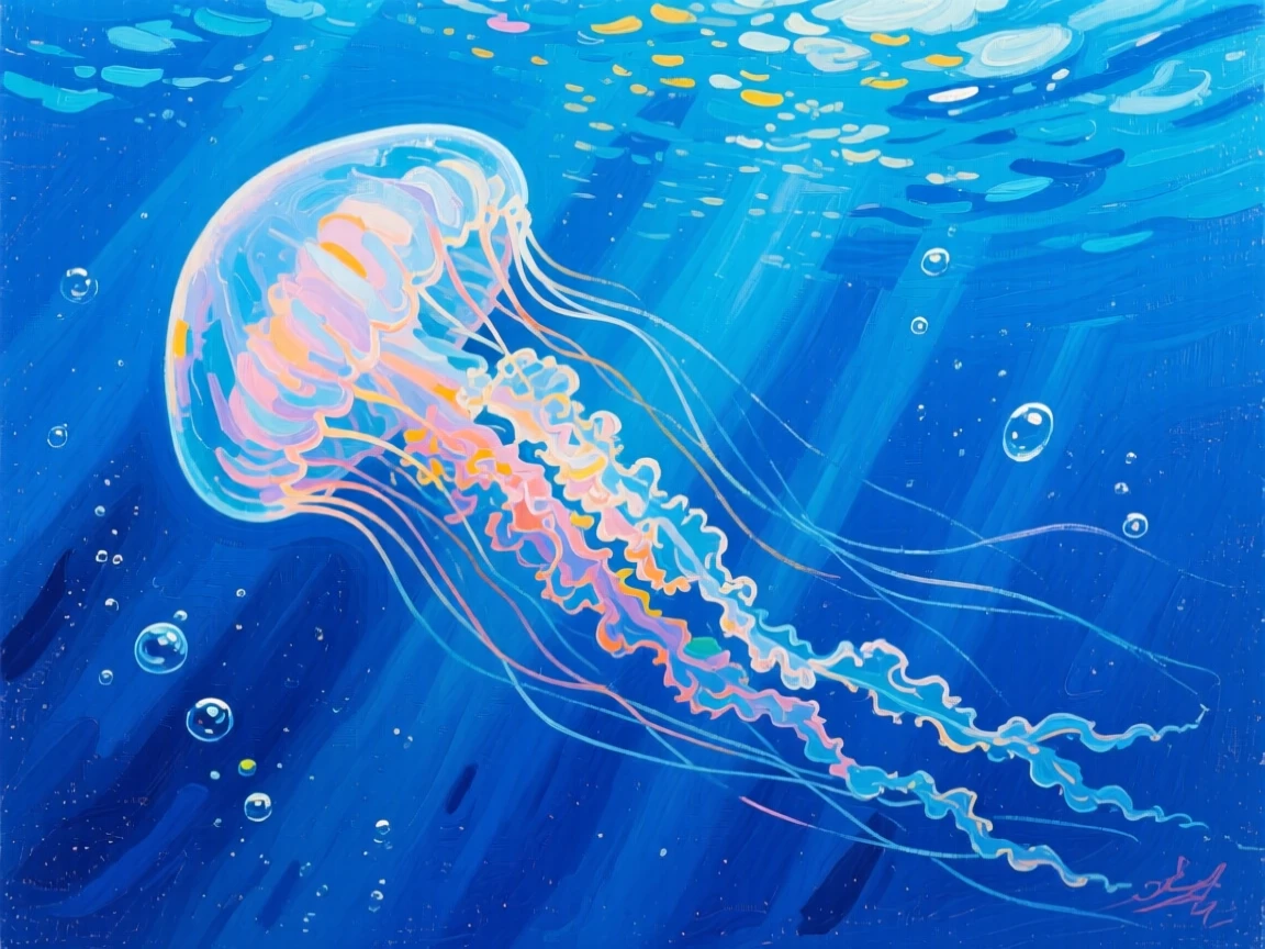 A jellyfish drifting gracefully through deep blue water, translucent tendrils trailing behind it