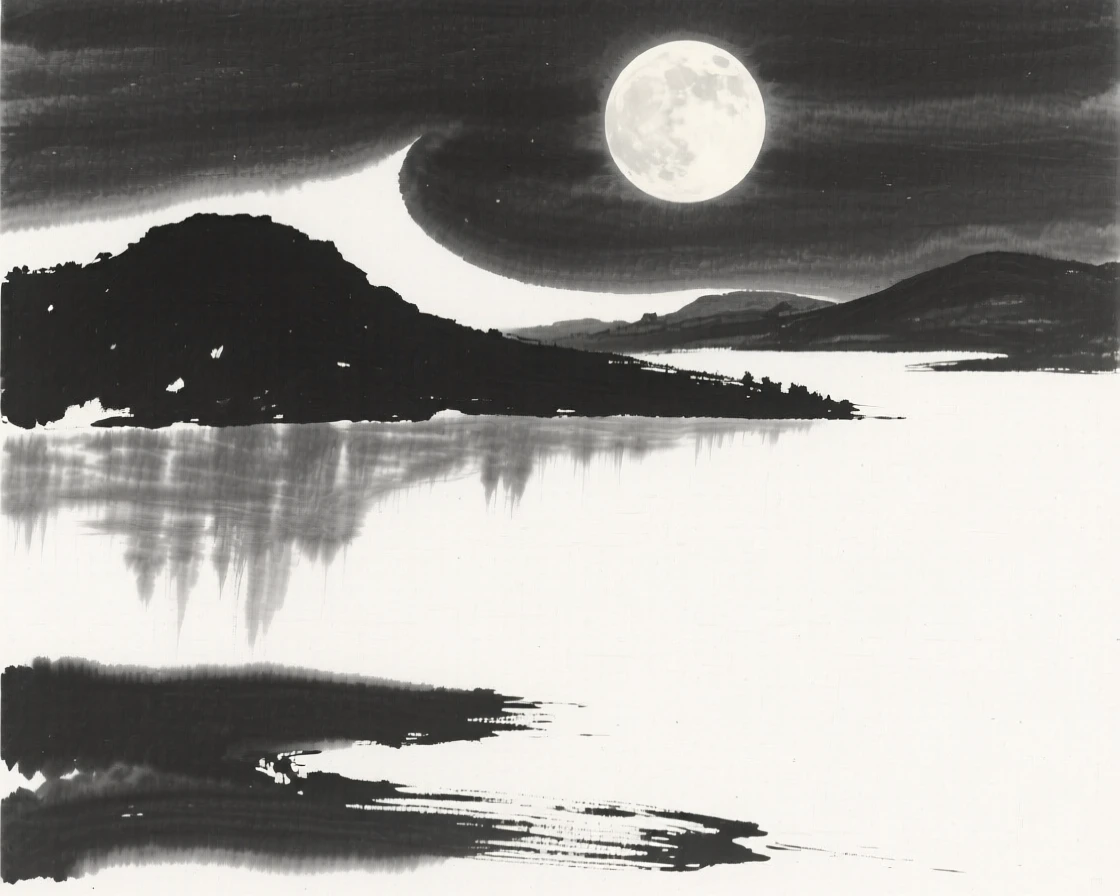 a serene lake beneath a rising moon, mirroring the surrounding hills on its glassy surface.