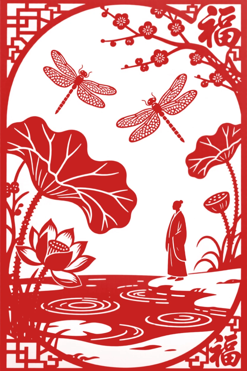 A Winter scene of a lotus pond alive with dragonflies, a lone figure pausing to take in the view.