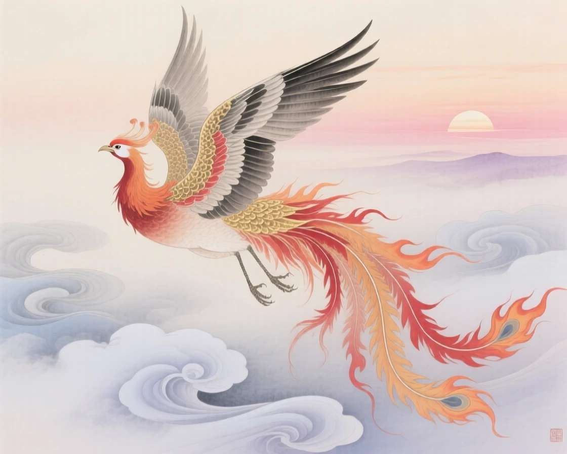A phoenix with tail feathers like trailing flames through a swirling mist at dawn
