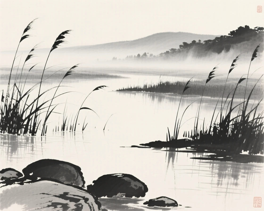 A tranquil marsh dotted with reeds and still water as thin mist rolls slowly through the lower valley, framed low, with the foreground rocks leading the eye toward the distance, capturing a fleeting, serene moment suspended in time.
