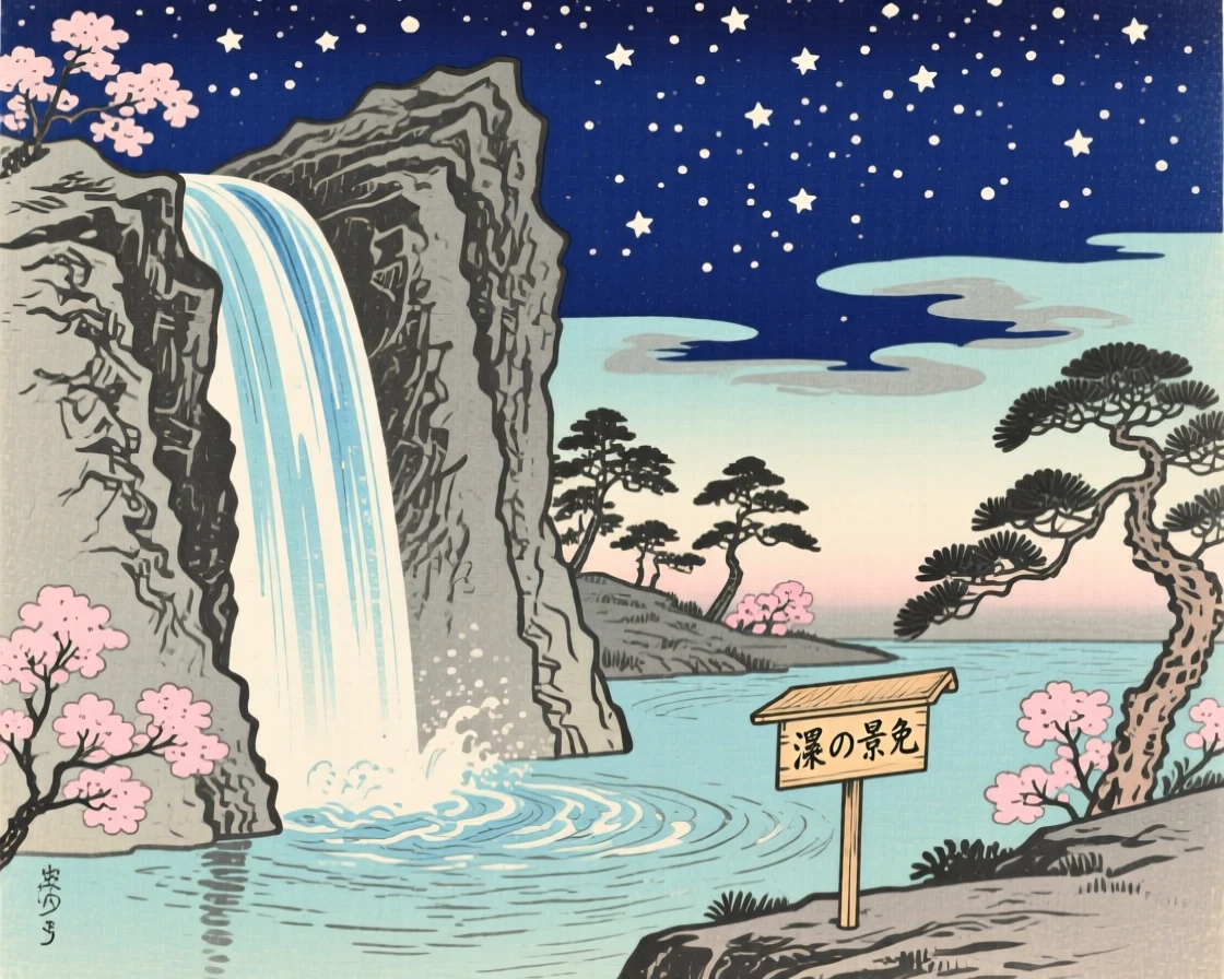 A rocky cliff face, beside a cascading waterfall, beneath a star-filled sky.