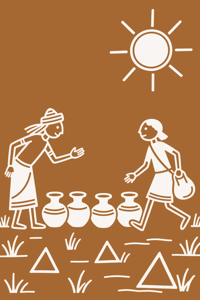 A traveling merchant greeting a traveler arriving from afar by a row of clay pots drying in the sun.