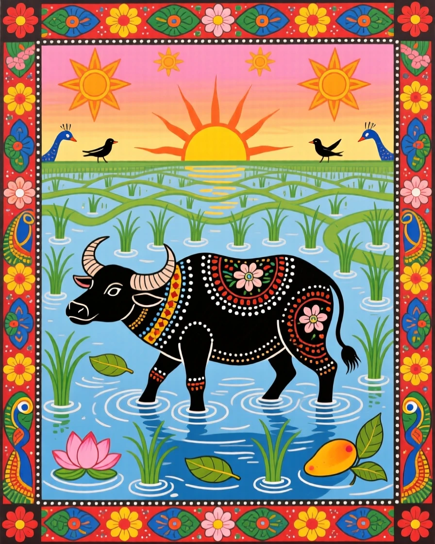 A water buffalo wading through a flooded rice paddy at dawn.