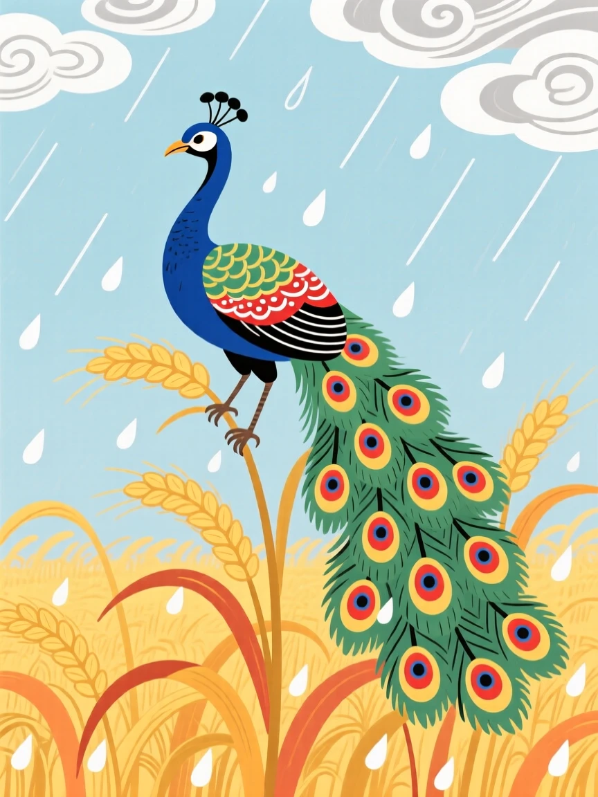 A peacock perched in a golden wheat field at harvest time, during a gentle spring rain.