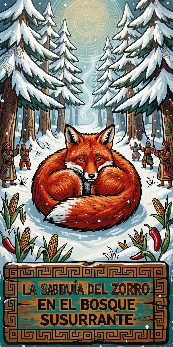 A red fox curled up in a snowy forest clearing